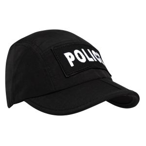Front view of a Niton Tactical Police Folding Hat in black, prominently displaying "POLICE" in white letters. It's designed for quick identification, with a foldable structure for convenient storage in compact spaces.