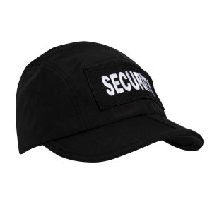 Front view of the Niton Tactical Security Folding Hat in black, featuring a bold 'SECURITY' embroidered in white on the front panel with a short peak.