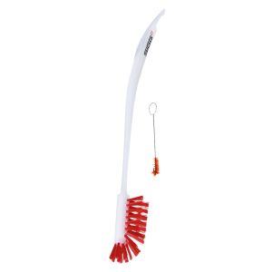 The SIGG Cleaning Brush, designed for optimal bottle hygiene, featuring sturdy red bristles on a curved white handle with the SIGG logo, and an accompanying smaller brush for tops and crevices.