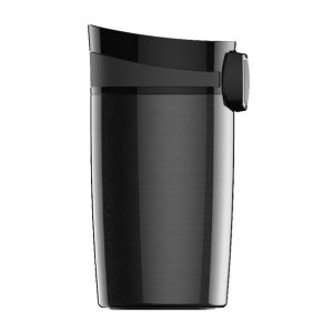 The SIGG Travel Mug Miracle Black 270ml (9 oz) displayed in profile, highlighting its sleek stainless steel body with a matte finish and the secure push-button in contrasting black, promising a modern and functional design for hot and cold beverages