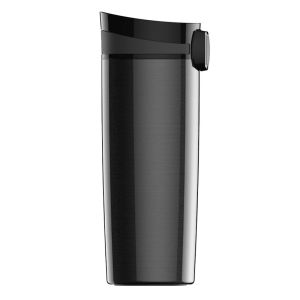 Side view of the SIGG Travel Mug Miracle Black 470ml (16 oz) displaying its sleek, matte black finish with a textured grip. The secure button for easy opening and leak-proof seal is prominently featured at the top.