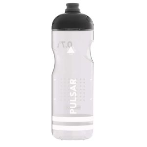 A 0.75L Sigg Water Bottle Pulsar in transparent white, showcasing its sleek
design with a black cap. The translucent body reveals the water level and the bottle's unique grip texture, with the 'Pulsar' and 'Sigg' branding prominently displayed.