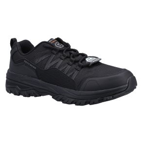 The Skechers Fannter Slip-Resistant Work Trainers in Black showcase a robust side profile, featuring  intricately woven mesh fabric for breathability, a sleek leather overlay, and a prominent heel pull tab for ease of entry.
