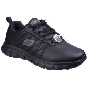 Front view of Skechers Ladies Sure Track Erath Work Shoe in Black, highlighting the lace-up closure, the label indicating slip resistance and memory foam comfort, and the side S logo.
