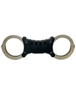 Front view of TCH 842 Rigid Handcuffs featuring ergonomic black plastic grip and nickel cuffs.