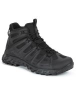 AKU Selvatica Tactical Mid GTX Black Boots side view, showcasing the sturdy construction with breathable mesh panels, the AKU logo embossed on the side, and the advanced lacing system climbing the boot's ankle-high shaft for a secure fit. The outsole's ru