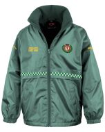 Children's Ambulance Waterproof Jacket' in forest green with 'AMBULANCE EMT 999' on the left chest. The jacket features a chequered green and white band around the midsection, a sturdy zipper, and yellow 'AMBULANCE' text along the right arm, with a high-v