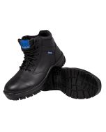 A single Blueline 5in All Leather Black Patrol Boot is prominently displayed, with its counterpart inverted to show off the robust tread pattern on the sole. The boots' gleaming black buffalo leather uppers reflect meticulous construction, with precise st
