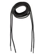 This image shows the Blueline Round Boot Laces for High Boots with 8-9 Eyelets, fully extended and laid flat. The laces are black, featuring a tightly woven design with a slight sheen, highlighting their high-quality, strong cored construction. The entire