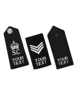 A display of three custom embroidered epaulettes for police uniforms, featuring a silver SC Crown on the left, sergeant chevrons in the centre, and a standard button on the right. Each epaulette has 'YOUR TEXT' placeholder for personalisation set against