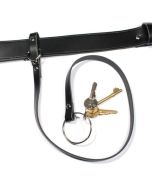 Leather Key Lanyard with D-Ring holding keys, attached to a black belt.