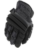 The M-Pact 2 Covert Black Impact Gloves are displayed from the back, highlighting the accordion knuckle guard and reinforced finger protection. The Mechanix Wear branding is visible on the gloves. The glove material appears textured and durable, designed