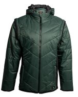 Front view of the Green Puffer Jacket with sleeves attached, displaying the full design and hood.