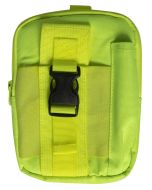 The front view of the multifunction EDC pouch showcases a robust quick-release buckle, ensuring secure closure. Alongside is a slim side pocket, possibly for pens or small tools, all in a bright yellow for enhanced visibility.