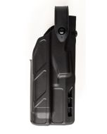 This photo showcases the Safariland 7TS Holster Belt Mounted designed specifically for the Glock 17 Gen 1-4 with TLR1 Light. The holster, presented in a profile view against a white background, emphasizes its sleek, black structure made from non-abrasive 