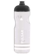 A 0.75L Sigg Water Bottle Pulsar in transparent white, showcasing its sleek
design with a black cap. The translucent body reveals the water level and the bottle's unique grip texture, with the 'Pulsar' and 'Sigg' branding prominently displayed.