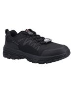 The Skechers Fannter Slip-Resistant Work Trainers in Black showcase a robust side profile, featuring intricately woven mesh fabric for breathability, a sleek leather overlay, and a prominent heel pull tab for ease of entry.