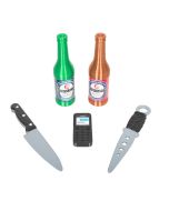 Selection of professional training props including beer bottles, knife, phone, and dagger for safe role-play training.