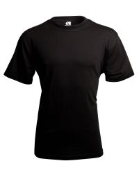 This image showcases the front view of the Black Heavyweight T-Shirt. The shirt features a clean and minimalist design with a solid black colour. It has a ribbed crew neck and short sleeves. The fabric appears thick and durable, indicating the heavyweight