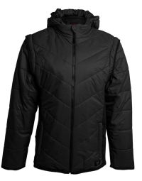 Front view of the Black Puffer Jacket with sleeves attached, showing the full design and hood.