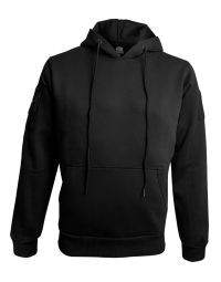 Front view of the Black Hoodie, featuring thick drawstrings, front ribbed pockets, and ribbed cuffs. The design ensures warmth and a secure fit for outdoor or tactical use.