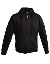 This image displays the front view of the Black Zip-Up Hoodie With Arm Patch Panels. The hoodie features a full-length YKK zipper, two large front pockets, and thick drawstring neck ropes. The ribbed cuffs and hem add to its snug fit. The overall design i