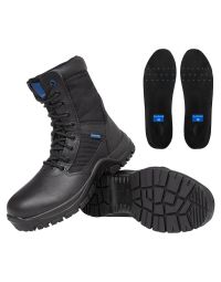 Angled view of Blueline 8in Patrol Black Police Boots showcasing the leather and nylon upper, robust lacing system, and the blue accent on the padded collar indicating the brand identity.