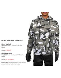 Grey Camo Pullover Hoodie front view with gloves.