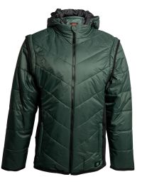 Front view of the Green Puffer Jacket with sleeves attached, displaying the full design and hood.