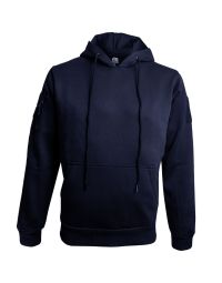 Front view of the Navy Hoodie displaying the drawstring hood, front pocket, and ribbed cuffs for a snug fit.