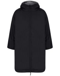 The Niton Tactical All Weather Dry Robe Coat in black is displayed, showcasing a front view. It features a water-resistant outer layer, a full-length zipper, and warm Sherpa fleece lining visible in the hood. The roomy design suggests ample space for laye