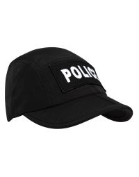 Front view of a Niton Tactical Police Folding Hat in black, prominently displaying "POLICE" in white letters. It's designed for quick identification, with a foldable structure for convenient storage in compact spaces.