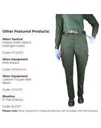 Front view of Women's Paramedic Trousers, showing cargo pockets, EMS shears, and belt, with featured products listed beside.