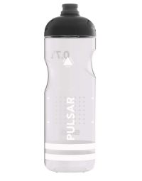 A 0.75L Sigg Water Bottle Pulsar in transparent white, showcasing its sleek
design with a black cap. The translucent body reveals the water level and the bottle's unique grip texture, with the 'Pulsar' and 'Sigg' branding prominently displayed.