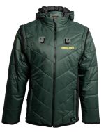 Ambulance Green Puffer Jacket with click-on docks, featuring removable sleeves, full zip, and hood for customisable protection.