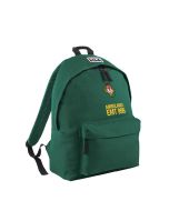 This is an 'Ambulance Kids Backpack' in a rich midnight green shade, featuring a detailed Ambulance logo crest and 'EMT 999' text in yellow on the front pocket. The logo is carefully designed to resemble authentic EMT badges. This backpack has a sturdy to