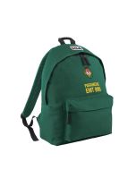 Paramedic Kids Backpack' in a deep midnight green, accented with a 'PARAMEDIC EMT 999' text in bold yellow on the lower part. The bag features a paramedic badge with a green and staff emblem. It's equipped with padded adjustable straps, a strong grab hand
