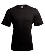 This image showcases the front view of the Black Heavyweight T-Shirt. The shirt features a clean and minimalist design with a solid black colour. It has a ribbed crew neck and short sleeves. The fabric appears thick and durable, indicating the heavyweight