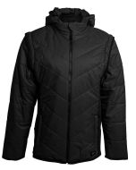 Front view of the Black Puffer Jacket with sleeves attached, showing the full design and hood.