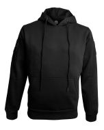 Front view of the Black Hoodie, featuring thick drawstrings, front ribbed pockets, and ribbed cuffs. The design ensures warmth and a secure fit for outdoor or tactical use.