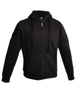 This image displays the front view of the Black Zip-Up Hoodie With Arm Patch Panels. The hoodie features a full-length YKK zipper, two large front pockets, and thick drawstring neck ropes. The ribbed cuffs and hem add to its snug fit. The overall design i