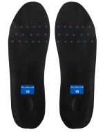 This image shows the top view of Blueline Comfort Insoles for Boots. The insoles are presented side by side, with the top surface in black. They feature a label in the heel area with the Blueline logo and size "10" in a blue rectangle. The surface include