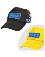 A 'Children's Police Hat' displayed against a white background, showcasing the black and yellow colour options. The cap features a bold "POLICE" badge on the front and blue and white chequered stripes on the side, resembling UK police headgear, designed f