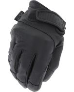The Mechanix Wear Durahide™ Leather Needle & Cut Resistant Glove is shown from the top view. The glove is black with a durable leather finish. It features a secure hook and loop closure on the wrist for a snug fit. The branding and intricate stitching det