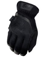 The image shows a single Mechanix Wear FastFit Covert Touchscreen Glove in black. The glove is viewed from the top, highlighting its stretch-elastic cuff and the breathable TrekDry® material that provides comfort and cooling. The back of the glove also fe
