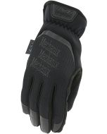 The image shows a single FastFit Covert Women's Touchscreen Glove from the back. The glove is black with a sleek design, featuring a durable TrekDry® material that ensures breathability and comfort. The back of the glove has the Mechanix Wear logo promine