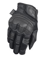 The image depicts the Mechanix Wear Breacher Gloves, focusing on the back of the hand. The gloves are predominantly black, featuring a moulded knuckle guard made from dense Thermoplastic Rubber (TPR) for superior impact protection. The material around the