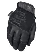 This image showcases the back view of the Mechanix Recon Black Leather Gloves. The gloves feature a sleek black design with the Mechanix logo prominently displayed across the knuckles. The Thermoplastic Rubber (TPR) closure is visible, ensuring a secure f