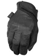 This image displays the back side of a Mechanix Specialty Vent in Black glove. The glove's design features a durable mesh fabric for optimal breathability, along with a low-profile Thermoplastic Rubber (TPR) closure for a secure fit. The glove is predomin