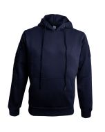 Front view of the Navy Hoodie displaying the drawstring hood, front pocket, and ribbed cuffs for a snug fit.